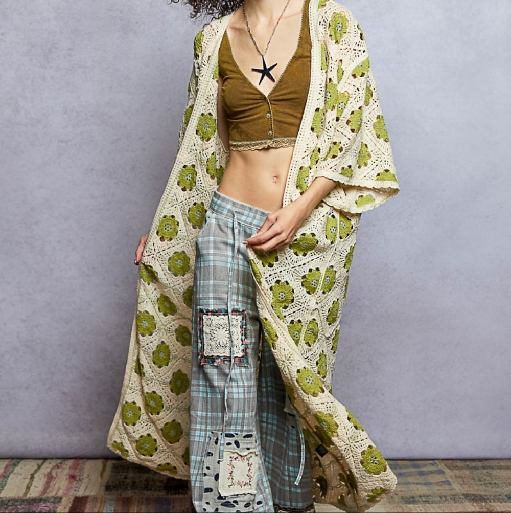 POL Patchwork Openwork Crochet Longline Cardigan … - image 8